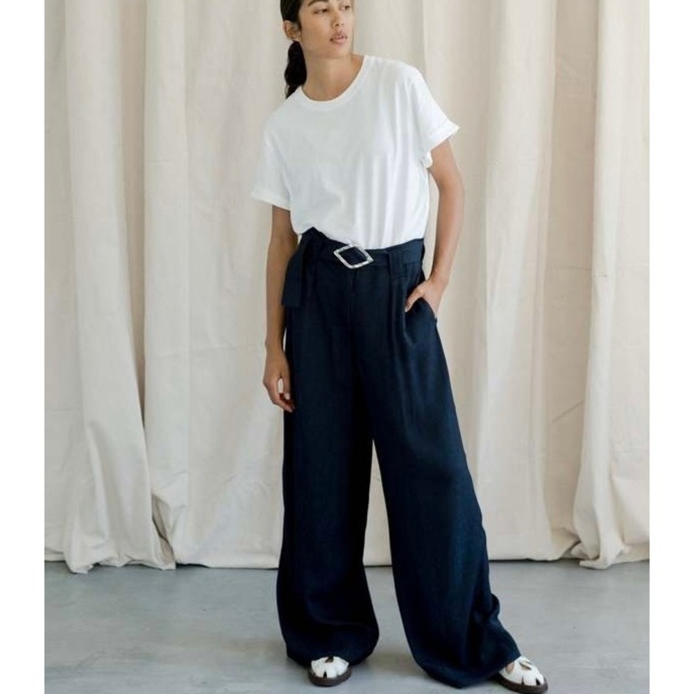 GANNI Wide Leg Trouser Womens 0 Navy Blue Pleated Pants Crepe Office Travel